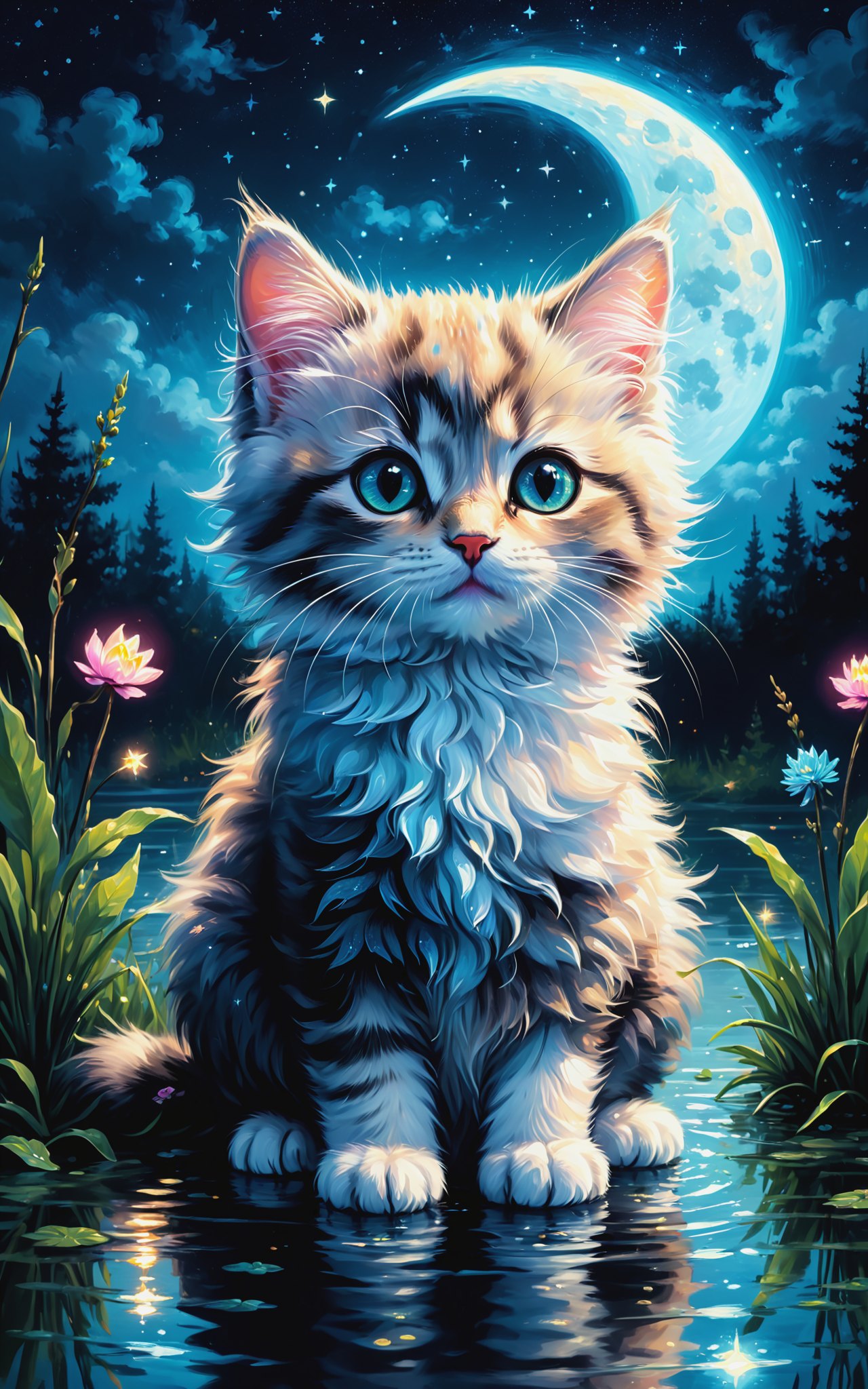 09639-2967901290-Ultra detailed illustration of a cute fluffy kitten sitting in a clearing flooded with moonlight, starry sky, moon lost in a mag.png